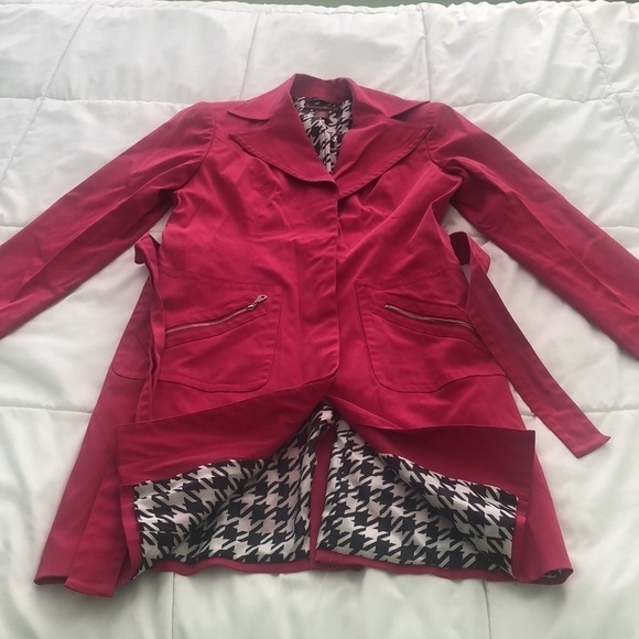 Bandolino Stretch rain trench coat in hot pink belt zipper pockets houndstooth - Picture 2 of 11